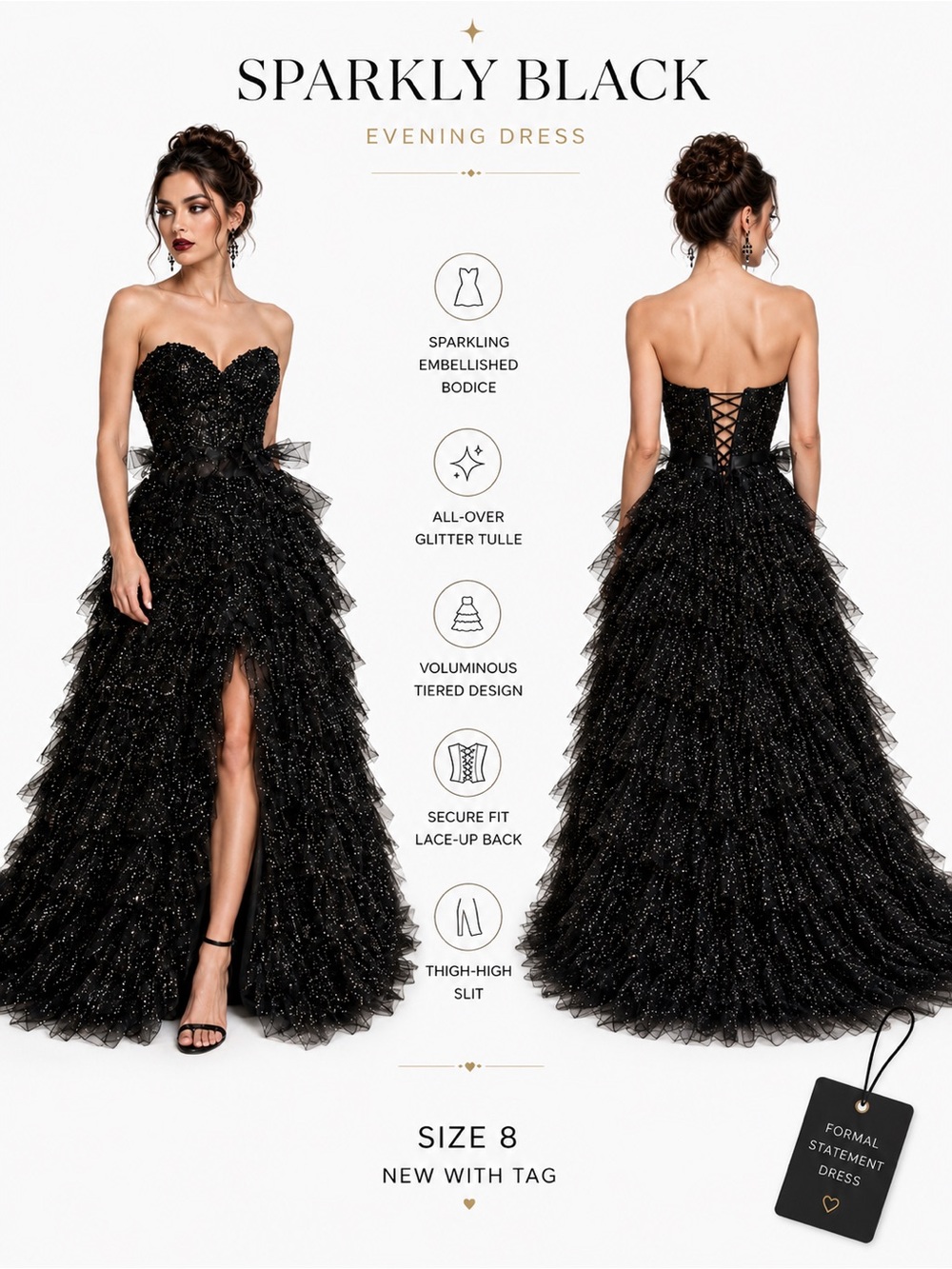 Sparkly Black Evening Dress SZ 8 Tiered Tulle Glitter Formal Statement Dramatic